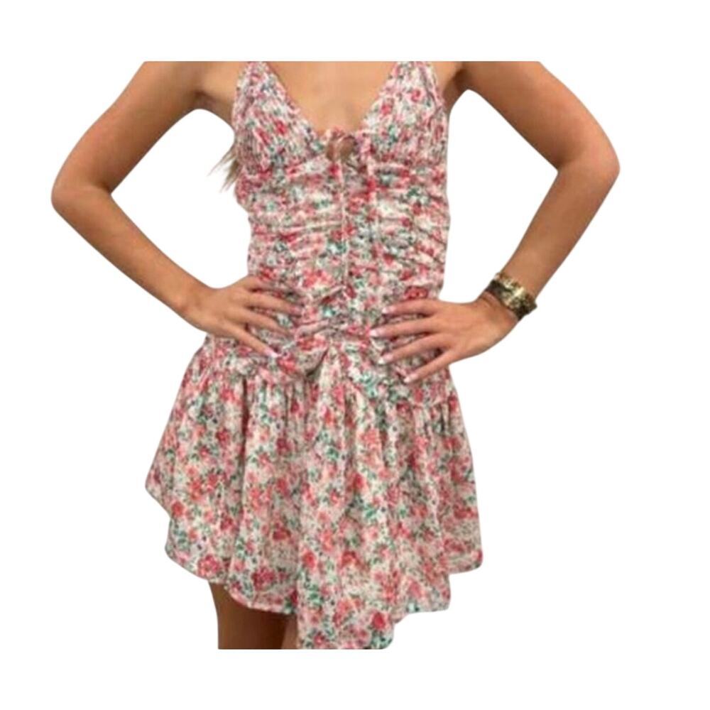 Sky to Moon Floral Ruched Mini Dress Medium Pink Cottagecore Fit & Flare